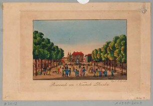 Dresden, die Promenade auf der Hauptstraße in der Neustadt nach Süden mit Blick auf das Reiterstandbild August des Starken (Goldenen Reiter), das Blockhaus, die Augustusbrücke und die Altstadt