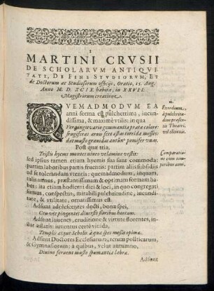 Martini Crusii De Scholarum Antiquitate, De Fine Studiorum, Et de Doctorum ac Studiosorum officiis, Oratio ...