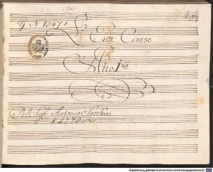 L' Eroe cinese, V (5), orch - BSB Mus.ms. 20897 : L'Eroe Cinese // Atto I: m o (- III: z o) // Del Sig: Antonio Sacchini // a 1770 // [spine title, golden letters:] OPERA // L'EROE // CINESE // ATTO I (- III)