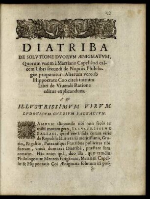 Diatriba de Solutione Duorum Aenigmatum [...] Ad Illustrissimum Virum Ludovicum Guezium Balzacium.