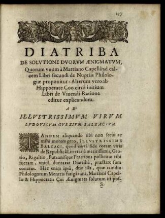 Diatriba de Solutione Duorum Aenigmatum [...] Ad Illustrissimum Virum Ludovicum Guezium Balzacium.
