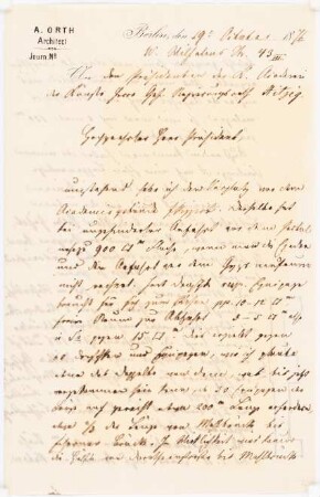 Kunstsammlung auf der Museumsinsel, Berlin Projekt II: Brief Orth an Hitzig vom 19. Okt. 1876