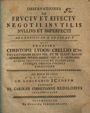 Observationes de fructu et effectu negotii inutilis nullius et imperfecti : ad L. XXXIIII Pr. D. de legat. I