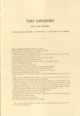 Table alphabétique des noms propres et des termes relatifs à la religion, à la politique, aux usages