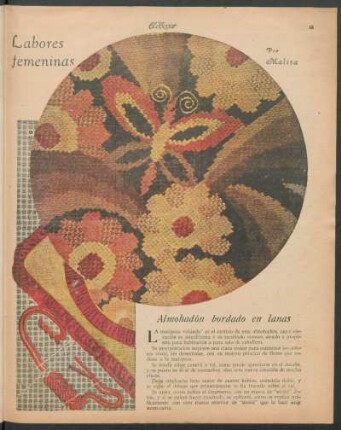 Labores femeninas : Almohadón bordado en lanas