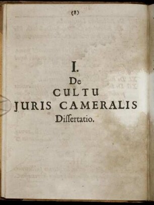I. De Cultu Iuris Cameralis Dissertatio