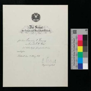 Verleihungsurkunde zur Verleihung des Lübeckischen Hanseatenkreuz an Leutnant zur See Vissering