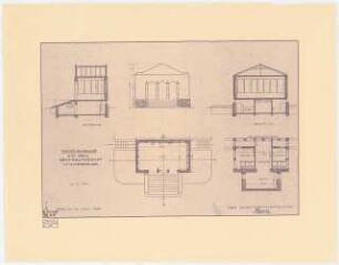 Erweiterung des Parkfriedhofes Berlin-Lichterfelde: Urnenhalle auf dem Friedhof in Längsschnitt, Vorderansicht, Querschnitt, Erdgeschoss-Grundriss und Keller-Grundriss 1:100, Stempel