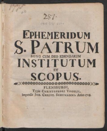 Ephemeridum S. Patrum Bono Cum Deo Edendarum Institutum Et Scopus