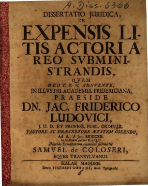 Dissertatio iuridica de expensis litis actori a reo subministrandis