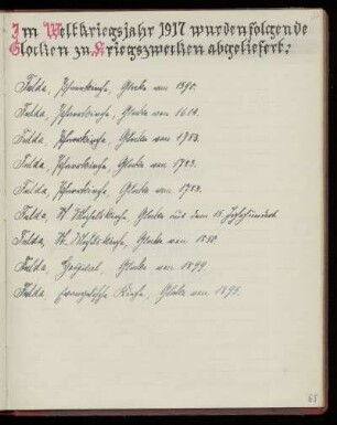 Im Weltkriegsjahr 1917 wurden folgende Glocken zu Kriegszwecken abgeliefert