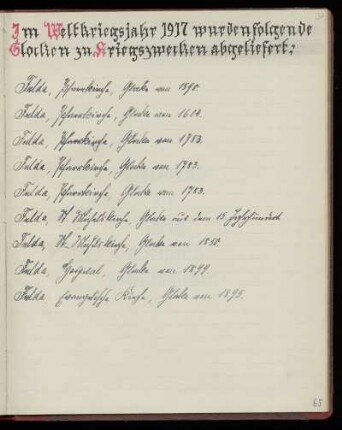 Im Weltkriegsjahr 1917 wurden folgende Glocken zu Kriegszwecken abgeliefert