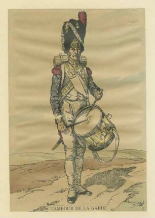 Stab Kaiser Napoleon I.: Tambour der Garde in Uniform und Mütze mit Trommel, stehend, Brustbild