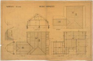 Billing, Hermann; Karlsruhe, Eisenlohrstr. 45; Haus Hornecker (Rothfuss) - Werksatz, Sparrenlage (Grundriss); Kehlgebälk (Grundriss); Grundriss 3. OG; Schnitte