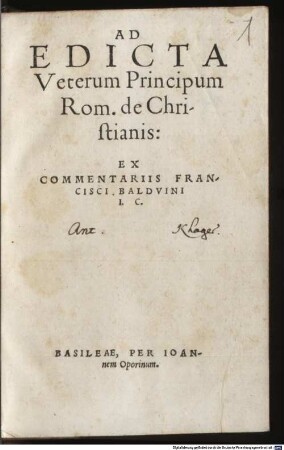 Ad Edicta Veterum Principum Rom. De Christianis