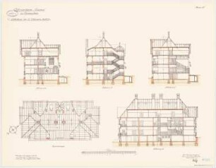 Offiziersheim Taunus, Falkenstein Wohnhaus für 12 Offiziere (westlich): Grundriss Sparrenlage, Längsschnitt, Querschnitte 1:100