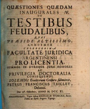 Quaestiones quaedam inaug. de testibus feudalibus