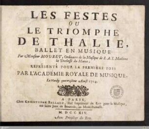 Les Festes Ou Le Triomphe De Thalie : Ballet En Musique