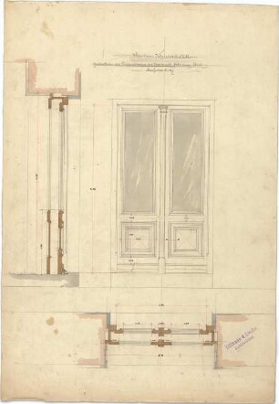 Littmann, Max; Archiv Littmann, Mappe 9, Gitter, Türen, Fenster (Schlosserarbeiten) - Gartentür des Treppenhauses in Fichte, Königinstr. 13 (Grundriss, Ansicht, Schnitt)