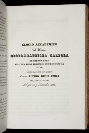 Elogio Accademico Del Conte Giovambattista Gazzola.