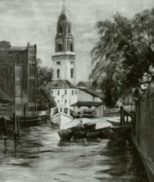 Speicher am Wasser mit Kirche