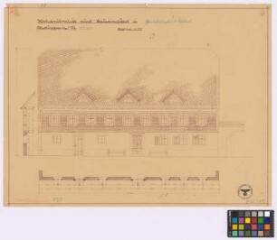 Oberlungwitz ([Amtshauptmannschaft] Glauchau): Bauerngehöft (Pferdefrohngut F. Schubert), Nummer 316. - Wohnhaus (Seiten-Ansicht). - Längswand (Grundriss, Höhenschnitt)