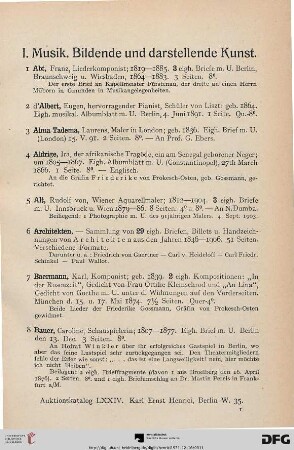 I. Musik. Bildende und darstellende Kunst (Nr. 1-183)