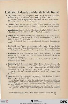 I. Musik. Bildende und darstellende Kunst (Nr. 1-183)
