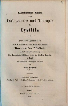 Experimentelle Studien über Pathogenese und Therapie der Cystitis : Inaugural-Dissertation