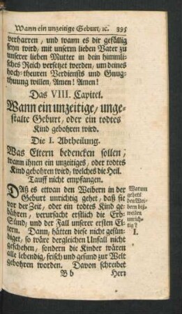 Das VIII. Capitel. Wann ein unzeitige, ungestalte Geburt, ...