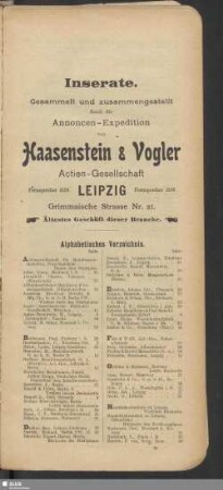 Inserate. Alphabetisches Verzeichnis