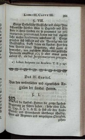 Das IV. Capitel. Von den wesentlichen und eigentlichen Regalien der Landes-Herren.