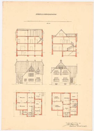 St. Liborius (mit Pfarrhaus), Dortmund-Körne: Pfarrhaus, Schnitte, Ansichten und Grundrisse 1:100