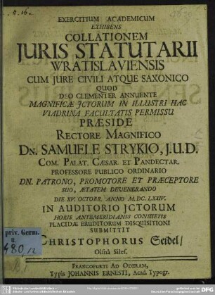 Exercitium academicum exhibens Collationem juris statutarii Wratislaviensis cum jure civili atque Saxonico