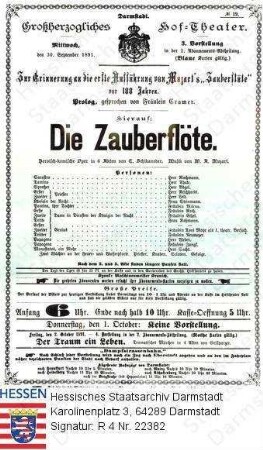Darmstadt, Hoftheater / Theaterzettel 1891 September 30 / 'Zauberflöte' (Oper) von Wolfgang Amadeus Mozart (1756-1791)