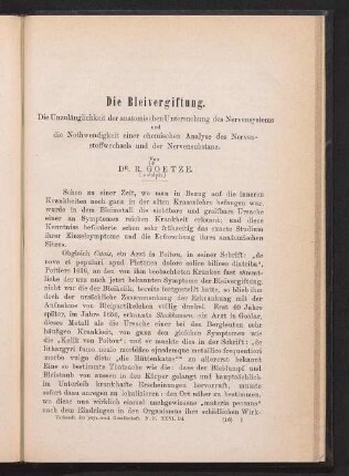 Die Bleivergiftung : die Unzulänglichkeit der anatomischen Untersuchung des Nervensystems und die Nothwendigkeit einer chemischen Analyse des Nervenstoffwechsels und der Nervensubstanz
