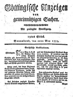 19tes Stück. Sonnabend, den 10ten May 1777.