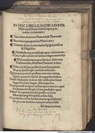 In Hoc Libello Iacobi Locher Philomusi Sueui Infrascripta poematia continentur : Epiodion de morte Plutonis & D[a]emonu[m], Encomion pauperitatis Heroicum, Carmen de pace ...