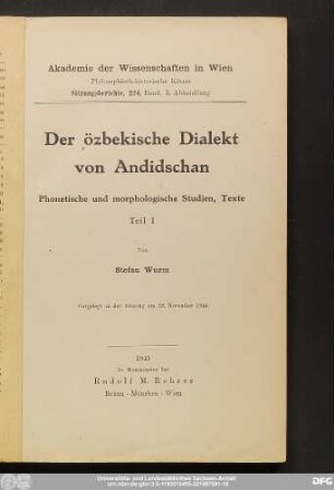 Teil 1: Der özbekische Dialekt von Andidschan : phonetische und morphologische Studien, Texte