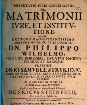 Dissertatio Ivris Ecclesiastici, De Matrimonii Ivre, Et Institvtione