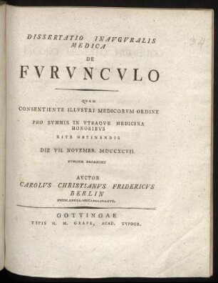Dissertatio Inauguralis Medica De Furunculo : Die VII. Novembr. MDCCXCVII.