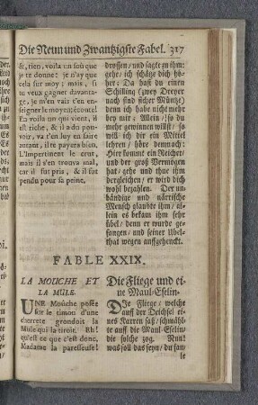 Fable XXIX. La mouche et la Mule. Die Fliege und eine Maul=Eselin.