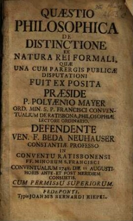 Quaestio Philosophica De Distinctione Ex Natura Rei Formali