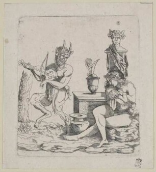 Satyr und sitzende Frau mit Kind