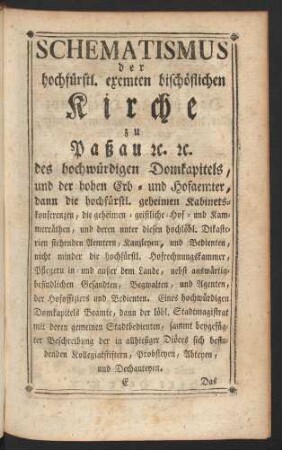 Schematismus der hochfürstl. exemten bischöflichen Kirche zu Paßau [et]c. [et] c.