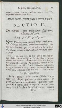 Sectio II. De variis, quae umquam fuerunt, Philosophorum sectis.