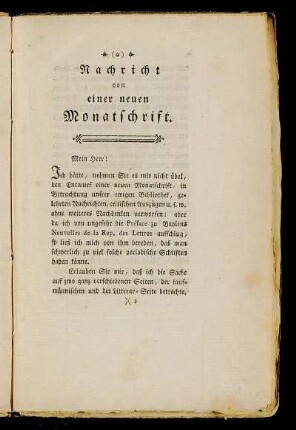 Nachricht von einer neuen Monatschrift.