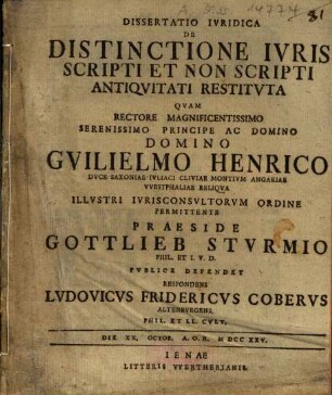 Dissertatio Iuridica De Distinctione Iuris Scripti Et Non Scripti Antiquitati Restituta