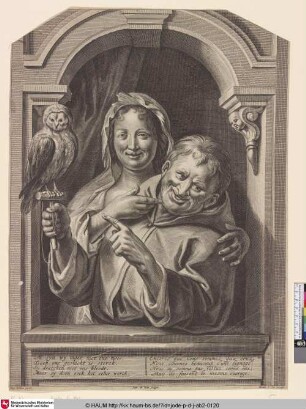 [Ein Narr mit einer Eule und einer Frau am Fenster; A Fool with an Owl and a Woman at a Window]