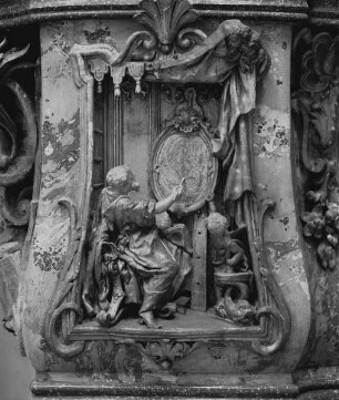 Maurusaltar — Relief der Predella: Der heilige Lukas malt die heilige Jungfrau
